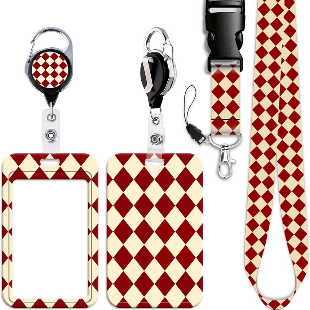 Cool Red Check ID Badge Holder Lanyard with Retractable Heavy Duty Plaid Badge R